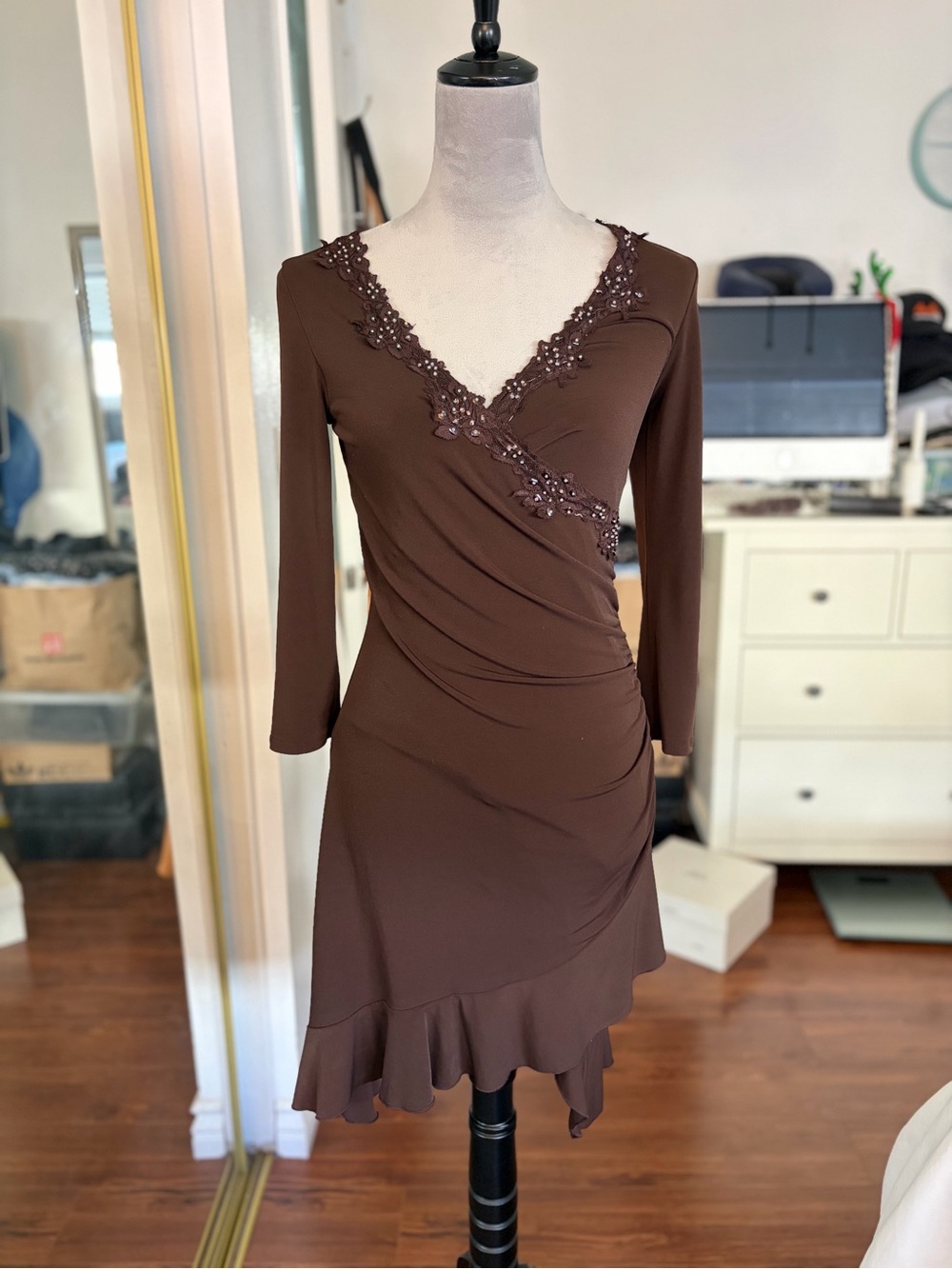 Rampage Brown Long Sleeve V-Neck Wrap Dress with Lace Trim